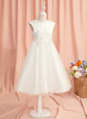 - Sleeveless Dress Flower Scoop Ball-Gown/Princess Lace/Beading/Flower(s) Tea-length Tulle Neck With Flower Girl Dresses Amber Girl