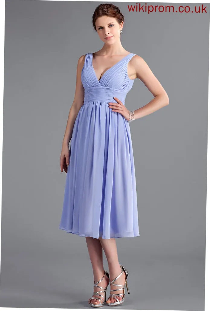 A-Line Neckline Embellishment Fabric V-neck Length Ruffle Silhouette Tea-Length Adalynn Bridesmaid Dresses