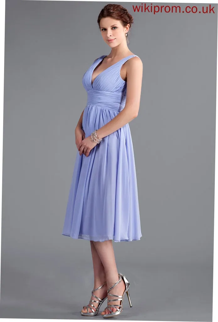 A-Line Neckline Embellishment Fabric V-neck Length Ruffle Silhouette Tea-Length Adalynn Bridesmaid Dresses