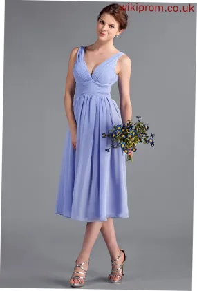 A-Line Neckline Embellishment Fabric V-neck Length Ruffle Silhouette Tea-Length Adalynn Bridesmaid Dresses