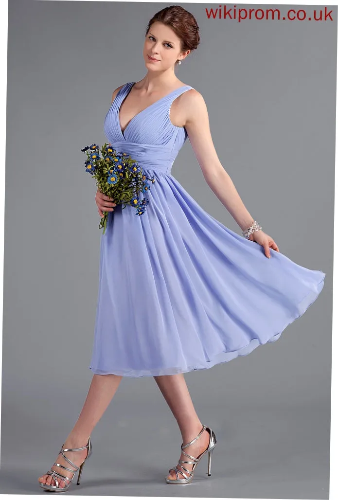 A-Line Neckline Embellishment Fabric V-neck Length Ruffle Silhouette Tea-Length Adalynn Bridesmaid Dresses