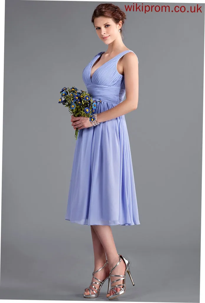 A-Line Neckline Embellishment Fabric V-neck Length Ruffle Silhouette Tea-Length Adalynn Bridesmaid Dresses