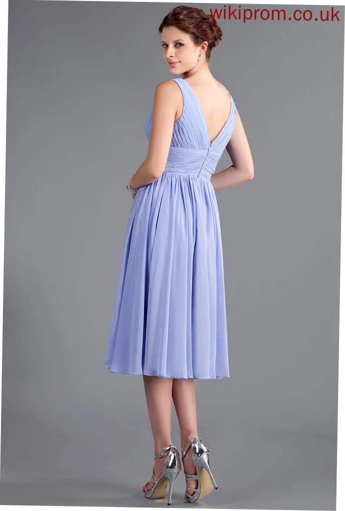 A-Line Neckline Embellishment Fabric V-neck Length Ruffle Silhouette Tea-Length Adalynn Bridesmaid Dresses