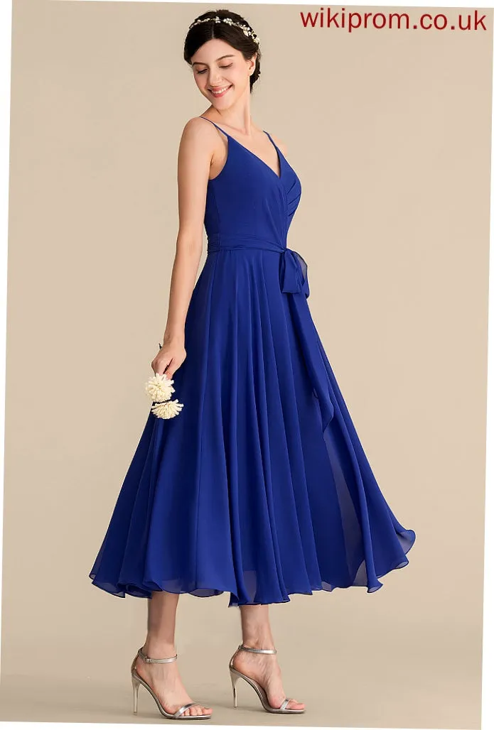 A-Line Neckline Ruffle Embellishment Length Fabric V-neck Tea-Length Silhouette Bow(s) Zoie Bridesmaid Dresses