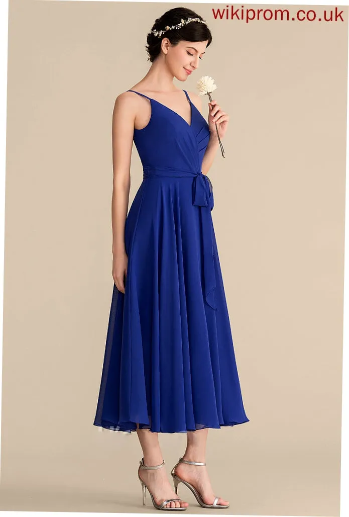 A-Line Neckline Ruffle Embellishment Length Fabric V-neck Tea-Length Silhouette Bow(s) Zoie Bridesmaid Dresses