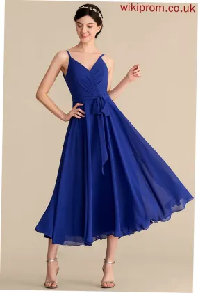 A-Line Neckline Ruffle Embellishment Length Fabric V-neck Tea-Length Silhouette Bow(s) Zoie Bridesmaid Dresses