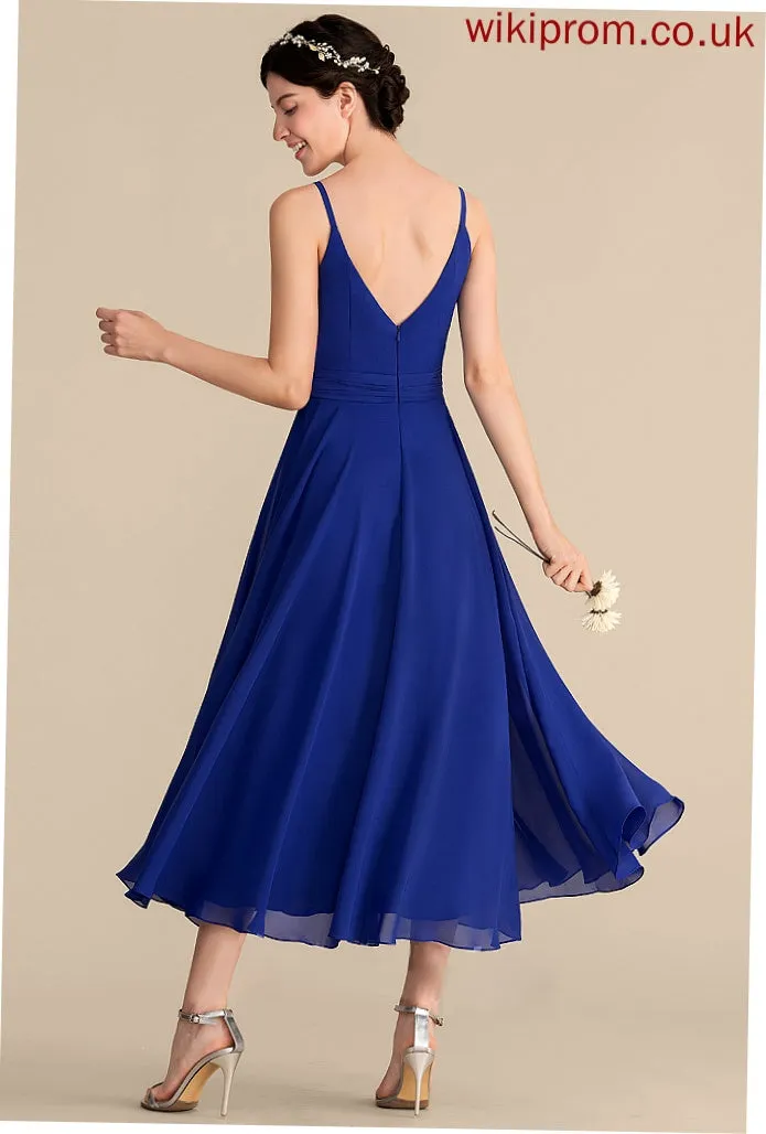 A-Line Neckline Ruffle Embellishment Length Fabric V-neck Tea-Length Silhouette Bow(s) Zoie Bridesmaid Dresses