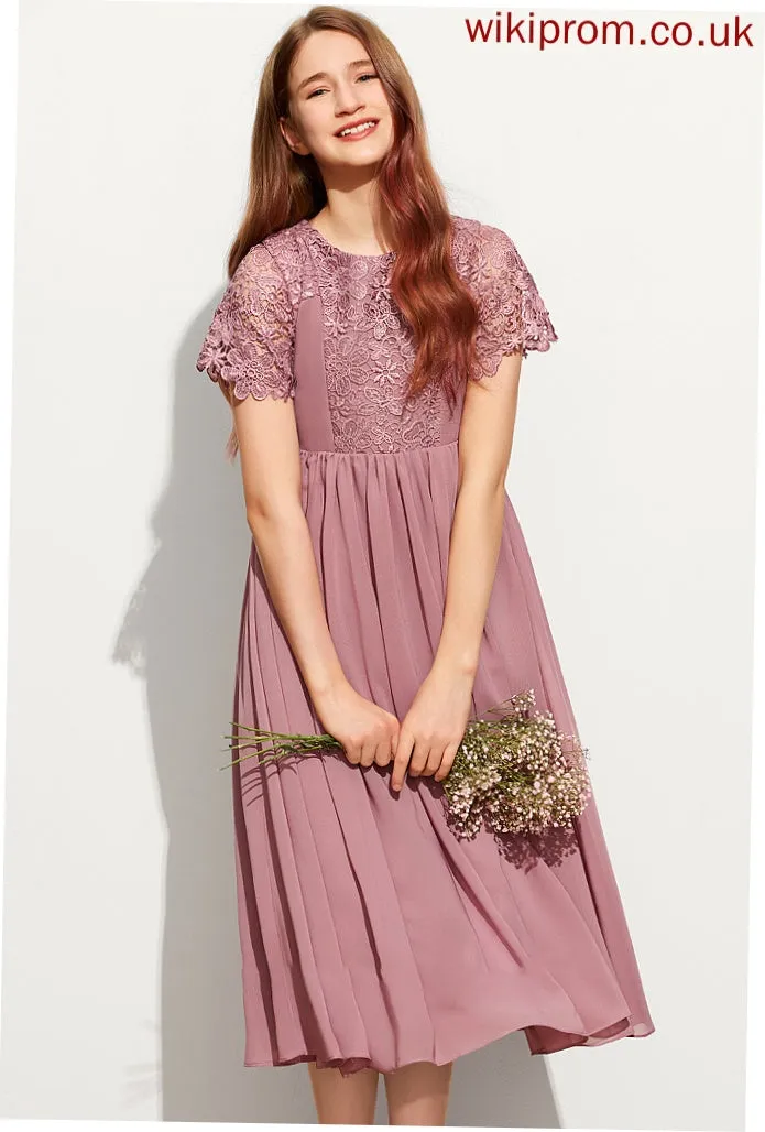 A-Line Tea-Length Neck Chiffon Junior Bridesmaid Dresses Lace Scoop Angeline