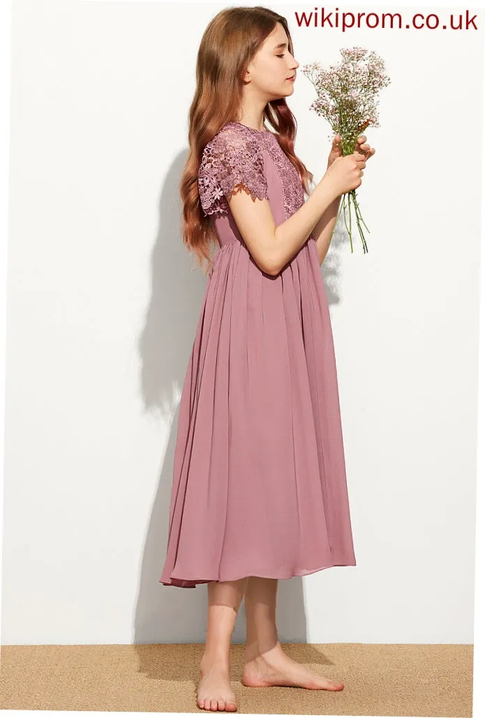 A-Line Tea-Length Neck Chiffon Junior Bridesmaid Dresses Lace Scoop Angeline