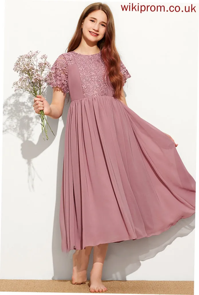 A-Line Tea-Length Neck Chiffon Junior Bridesmaid Dresses Lace Scoop Angeline