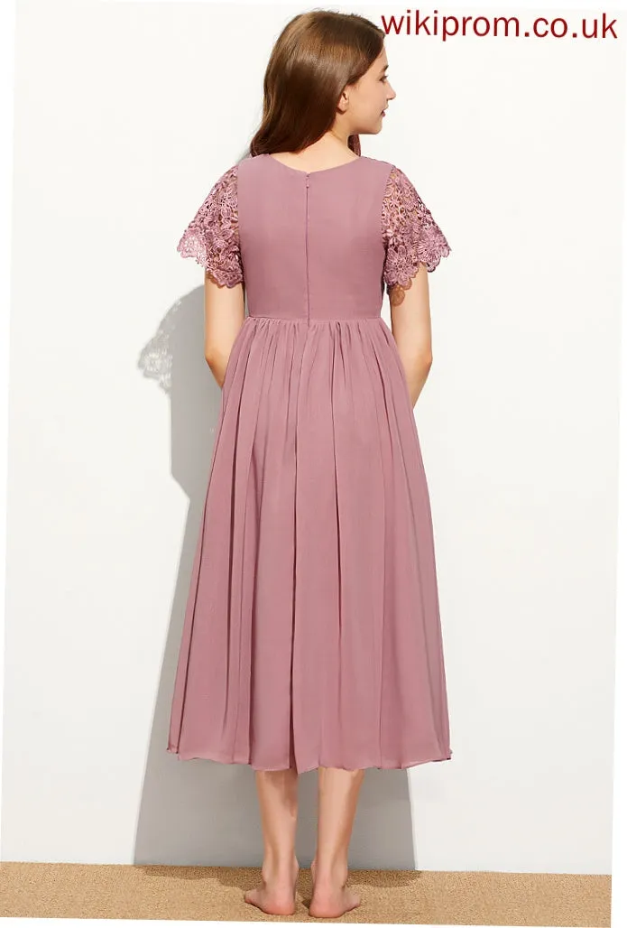 A-Line Tea-Length Neck Chiffon Junior Bridesmaid Dresses Lace Scoop Angeline