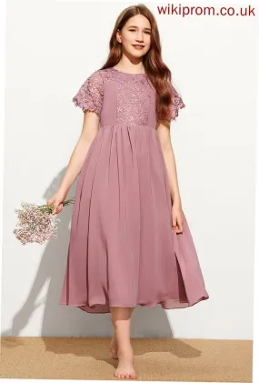 A-Line Tea-Length Neck Chiffon Junior Bridesmaid Dresses Lace Scoop Angeline