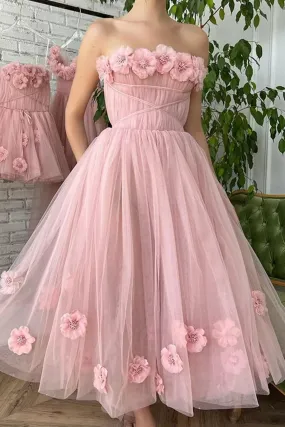 A Line Tea Length Pink Floral Prom Dresses, Formal School Party Dresses OK1992