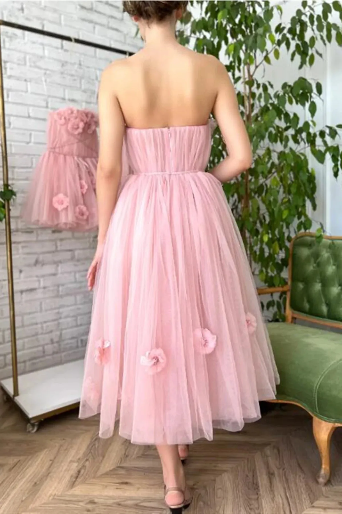 A Line Tea Length Pink Floral Prom Dresses, Formal School Party Dresses OK1992