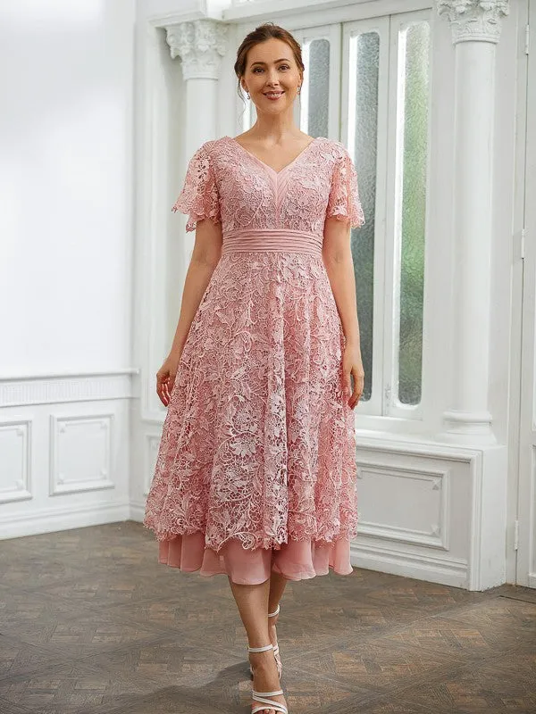 A-Line/Princess Chiffon Applique V-neck Short Sleeves Tea-Length Dresses