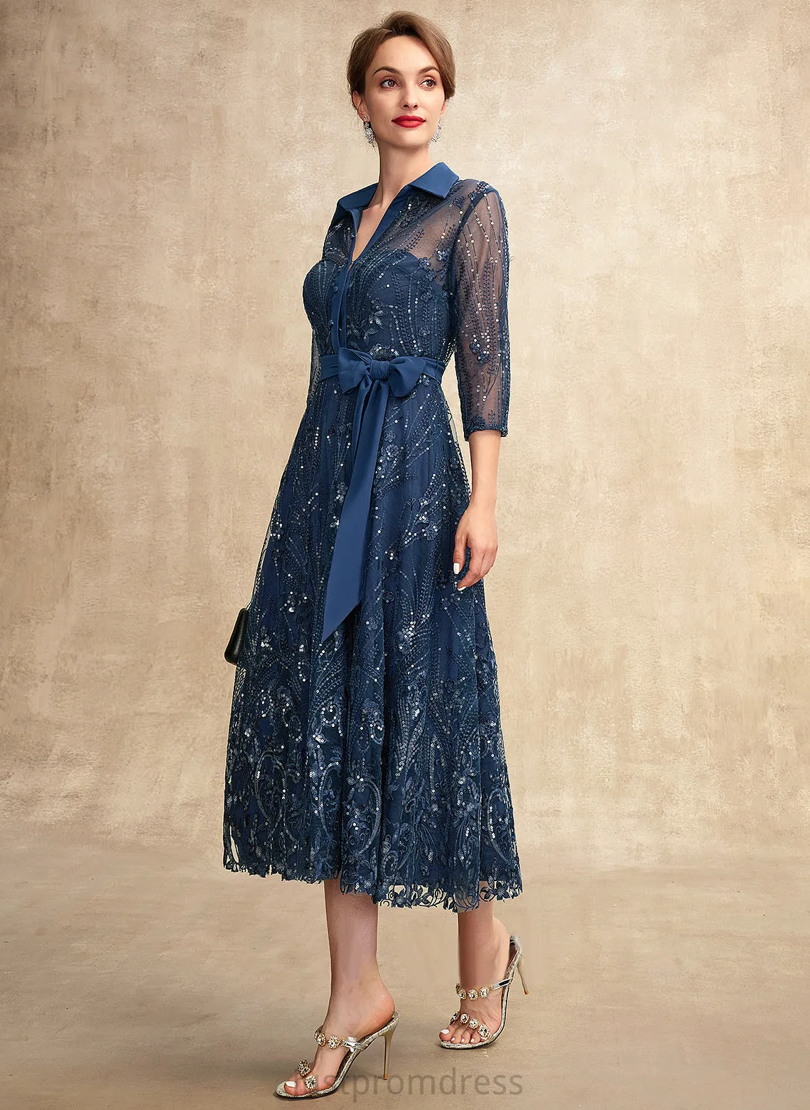 Addyson V-neck Bride Dress Mother Lace Chiffon A-Line Mother of the Bride Dresses the of Bow(s) Sequins Tea-Length With