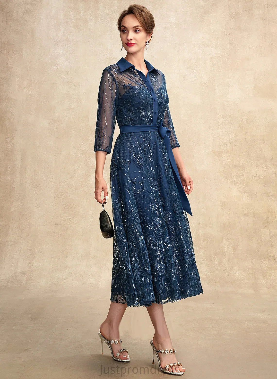 Addyson V-neck Bride Dress Mother Lace Chiffon A-Line Mother of the Bride Dresses the of Bow(s) Sequins Tea-Length With