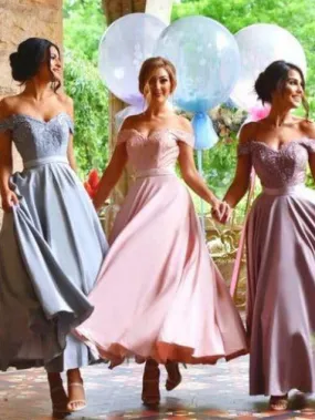 Ankle Length Pastel Off The Shoulder Bridesmaid Dresses with Delicate Lace Appliques