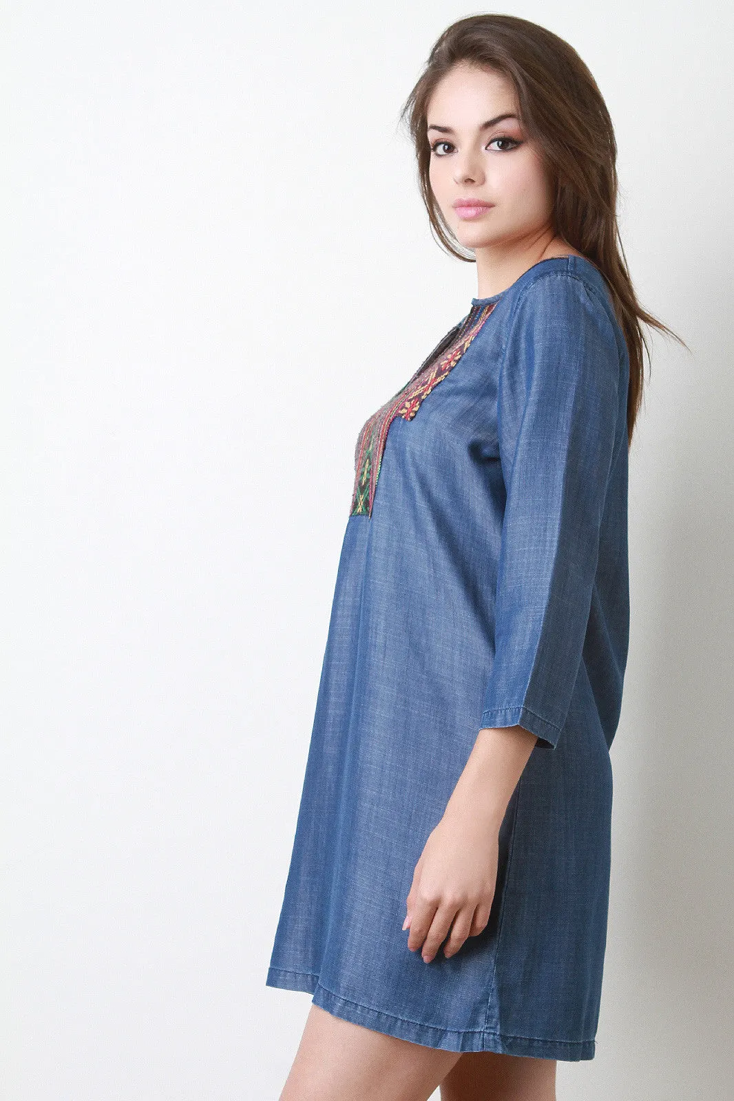 Aztec Embroidery Chambray Shift Dress