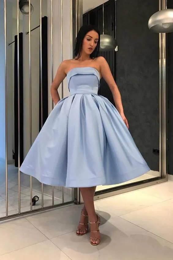 Ball Gown Strapless Satin Blue Short Prom Dresses Tea Length Sleeveless Homecoming Dresses H1132