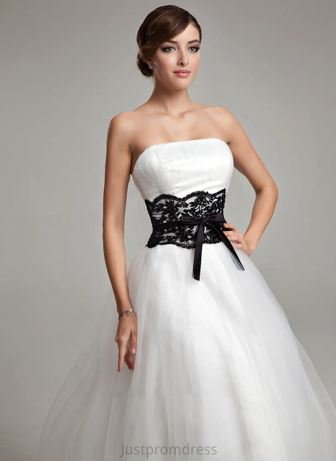 Beading Wedding Dresses Ball-Gown/Princess Tulle Katelyn Sash Wedding Bow(s) Tea-Length With Strapless Lace Dress