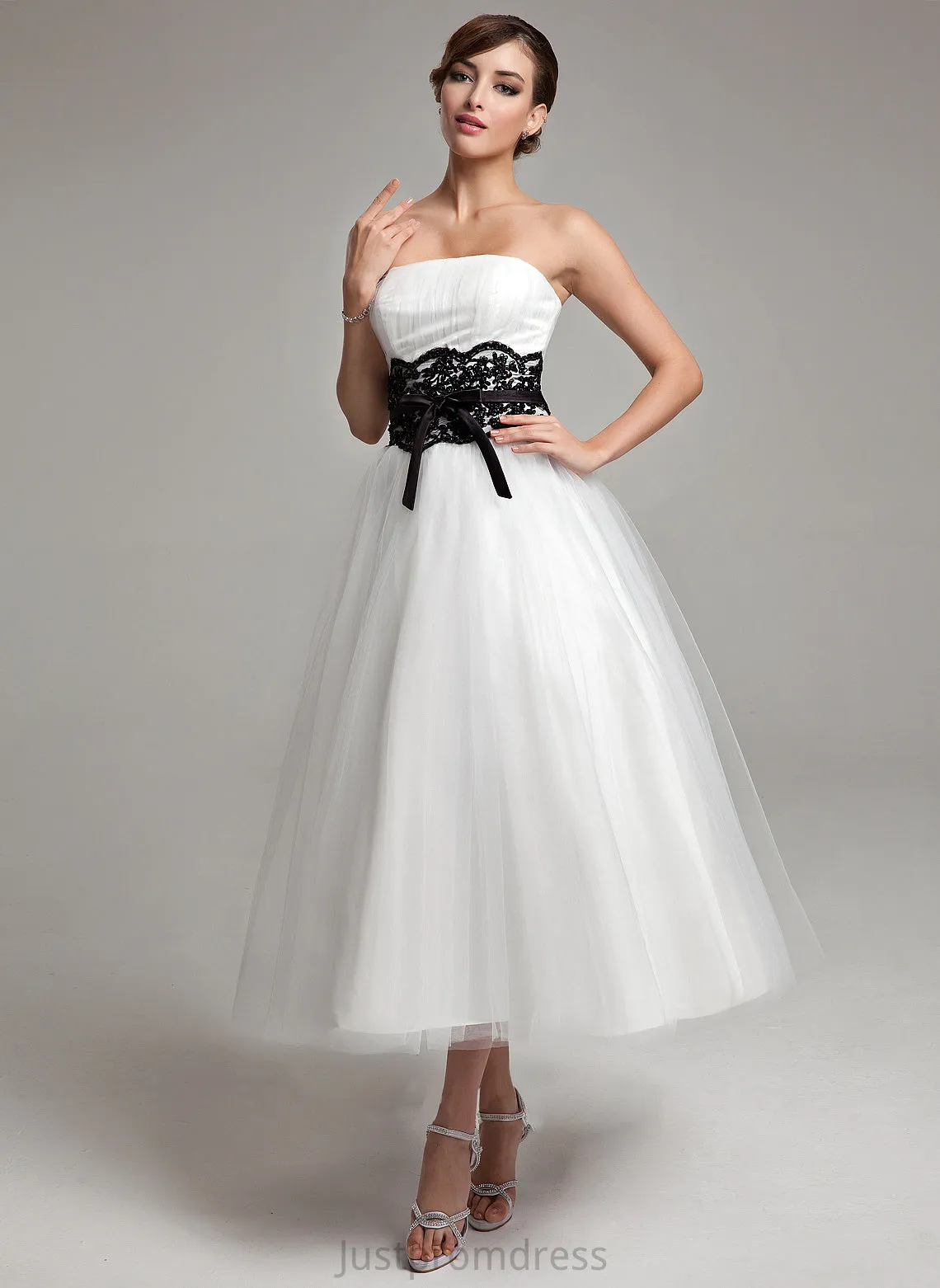 Beading Wedding Dresses Ball-Gown/Princess Tulle Katelyn Sash Wedding Bow(s) Tea-Length With Strapless Lace Dress