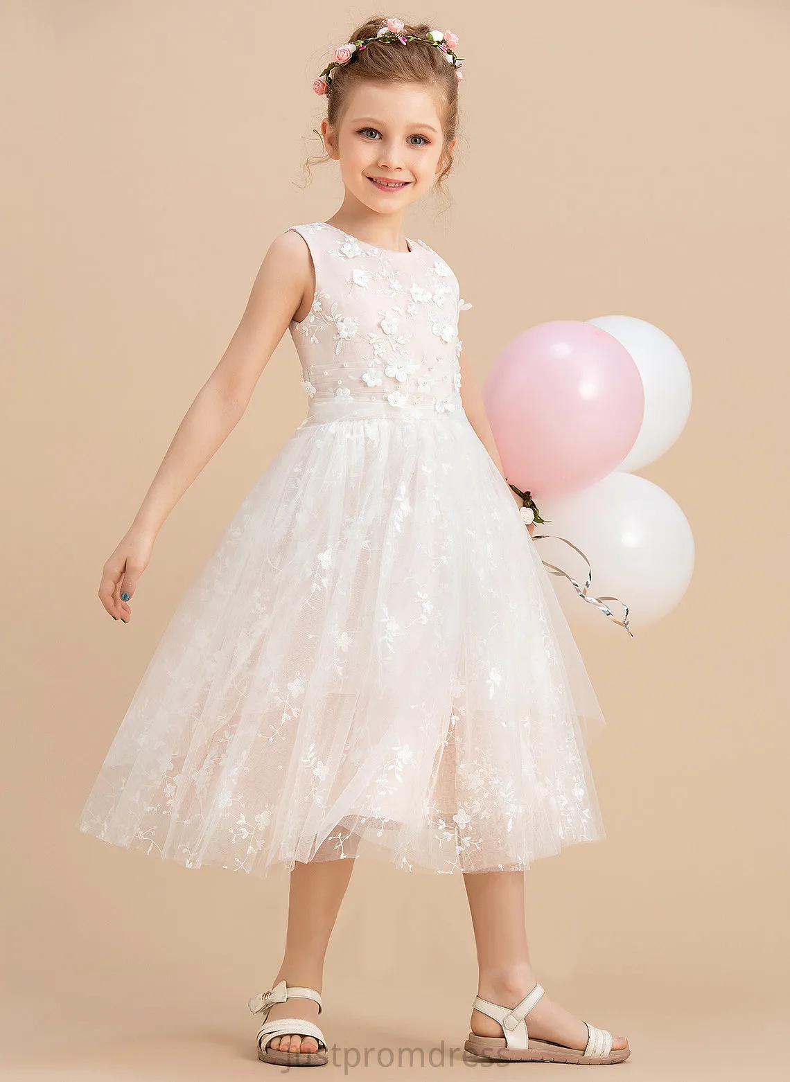 Beading/Flower(s) Flower Abby Scoop With Flower Girl Dresses Sleeveless Girl Tea-length A-Line - Tulle/Lace Neck Dress