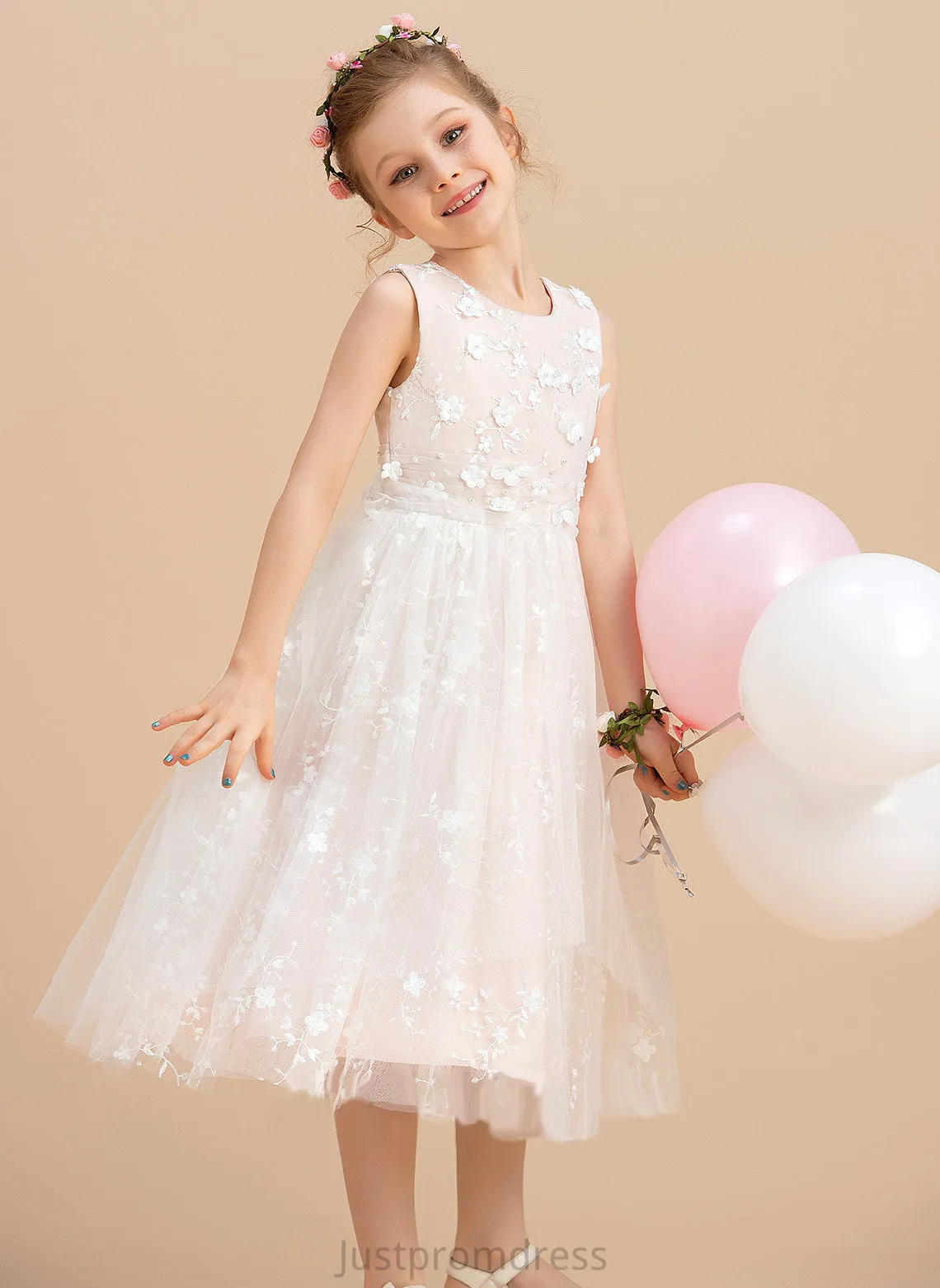 Beading/Flower(s) Flower Abby Scoop With Flower Girl Dresses Sleeveless Girl Tea-length A-Line - Tulle/Lace Neck Dress