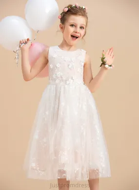 Beading/Flower(s) Flower Abby Scoop With Flower Girl Dresses Sleeveless Girl Tea-length A-Line - Tulle/Lace Neck Dress