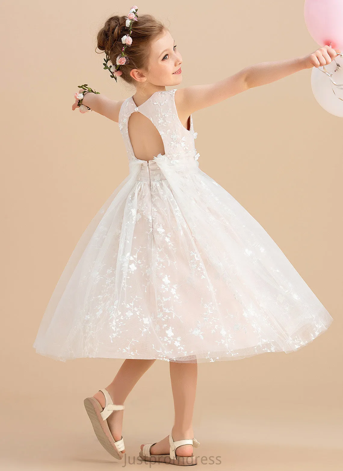 Beading/Flower(s) Flower Abby Scoop With Flower Girl Dresses Sleeveless Girl Tea-length A-Line - Tulle/Lace Neck Dress