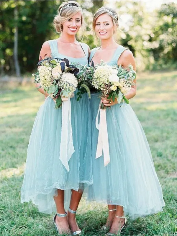 Beautiful Mint Tea Length Tulle Bridesmaid Dresses with Wide Straps