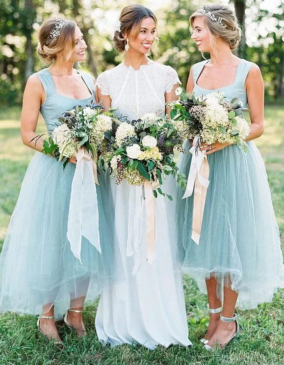 Beautiful Mint Tea Length Tulle Bridesmaid Dresses with Wide Straps