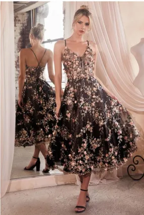 Black Floral Applique Tea Length Dress