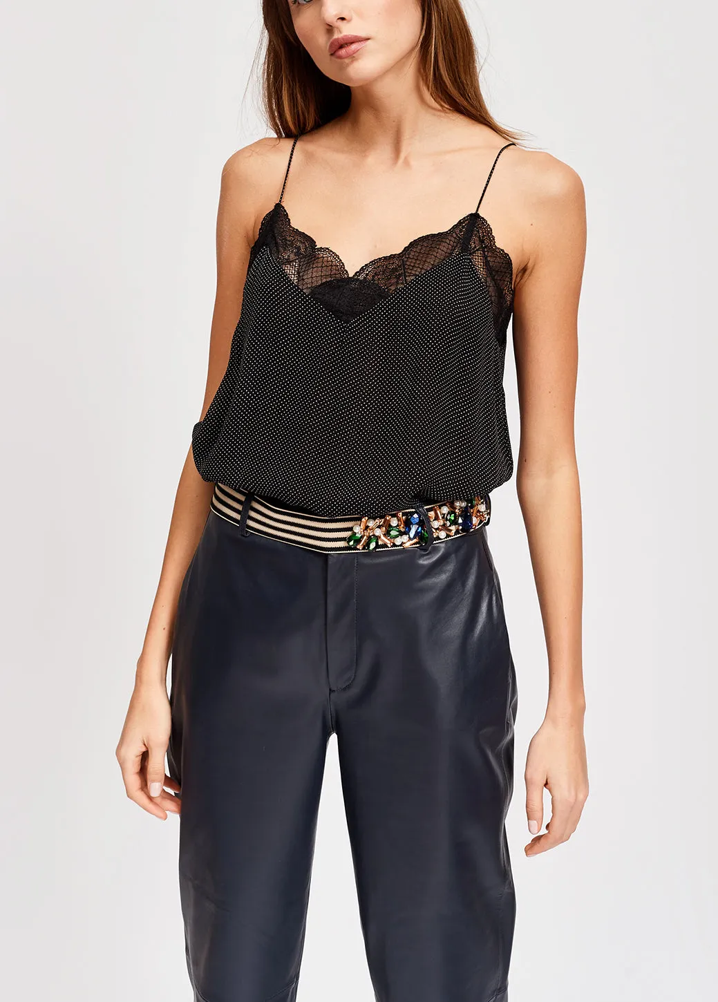 Black lace-trimmed polka dot slip top