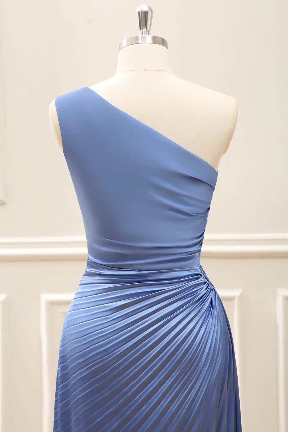 Blue One Shoulder Satin Ruched Tea Length Dress