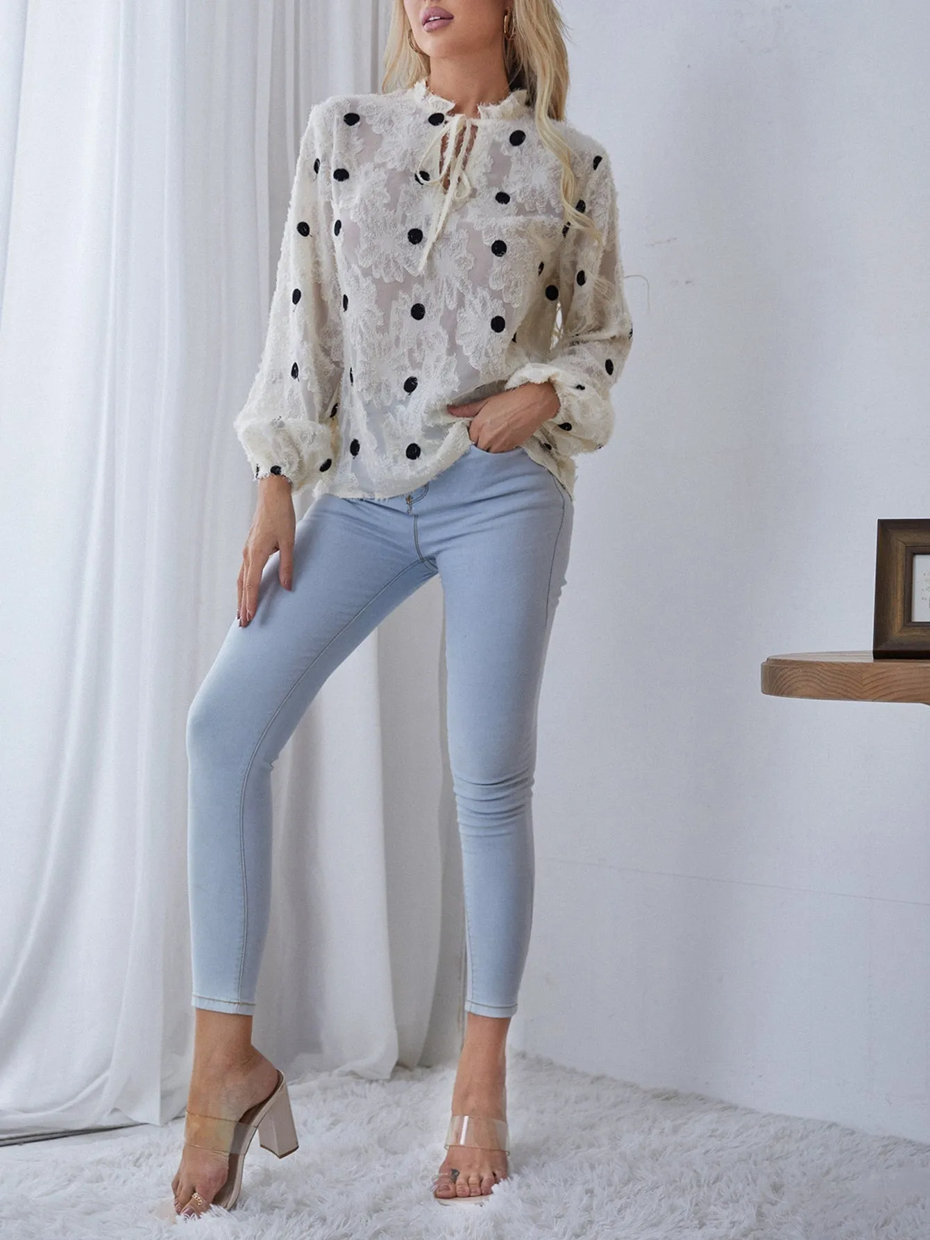 Boho Polka Dot Frill Long Sleeve Tie Neck Regular Blouse