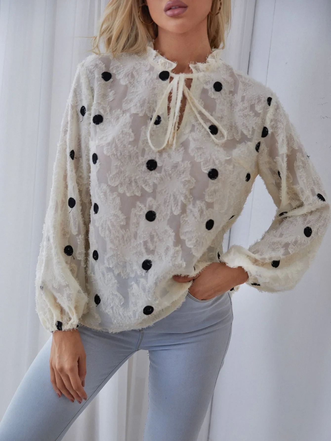 Boho Polka Dot Frill Long Sleeve Tie Neck Regular Blouse