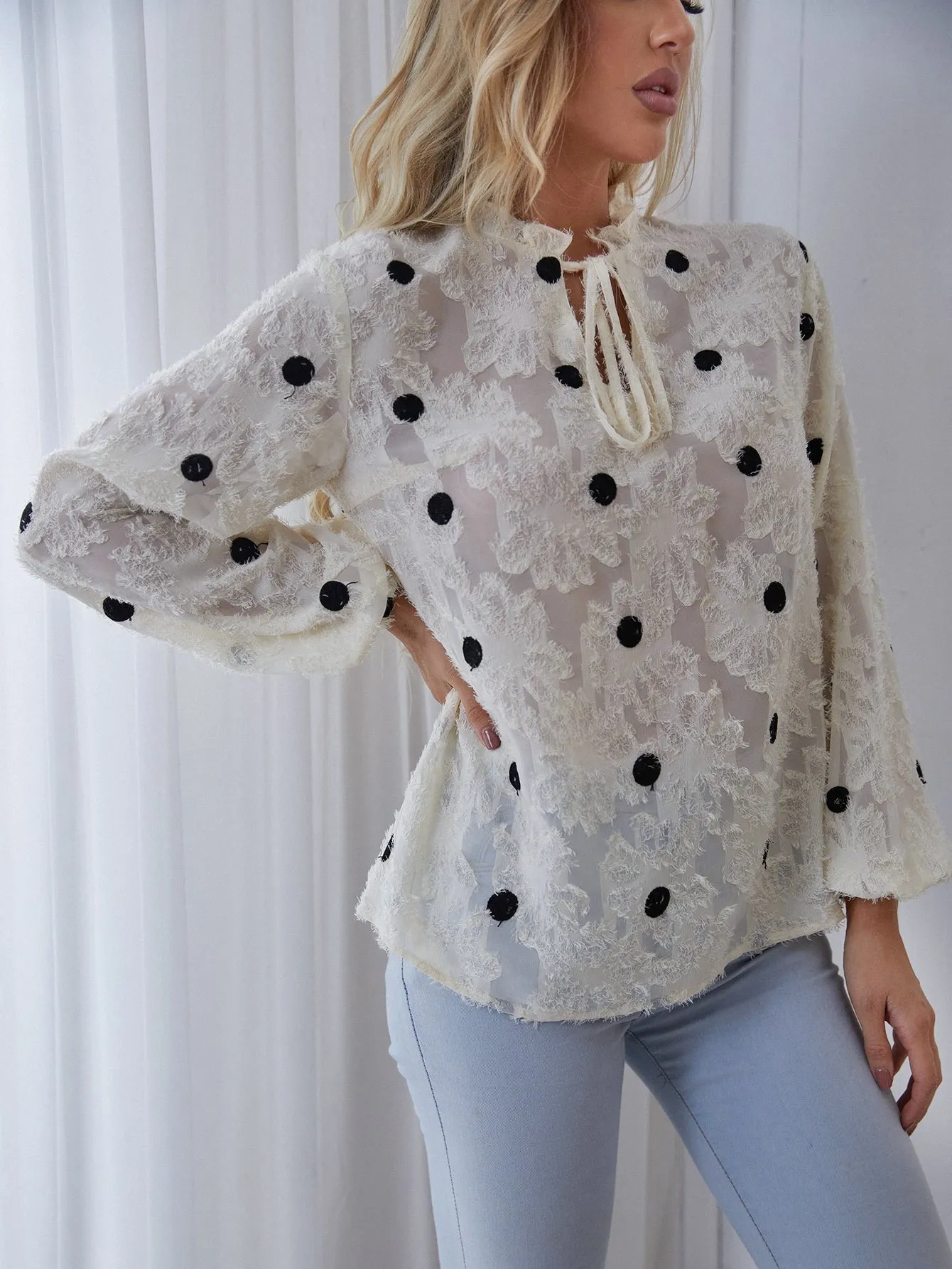 Boho Polka Dot Frill Long Sleeve Tie Neck Regular Blouse