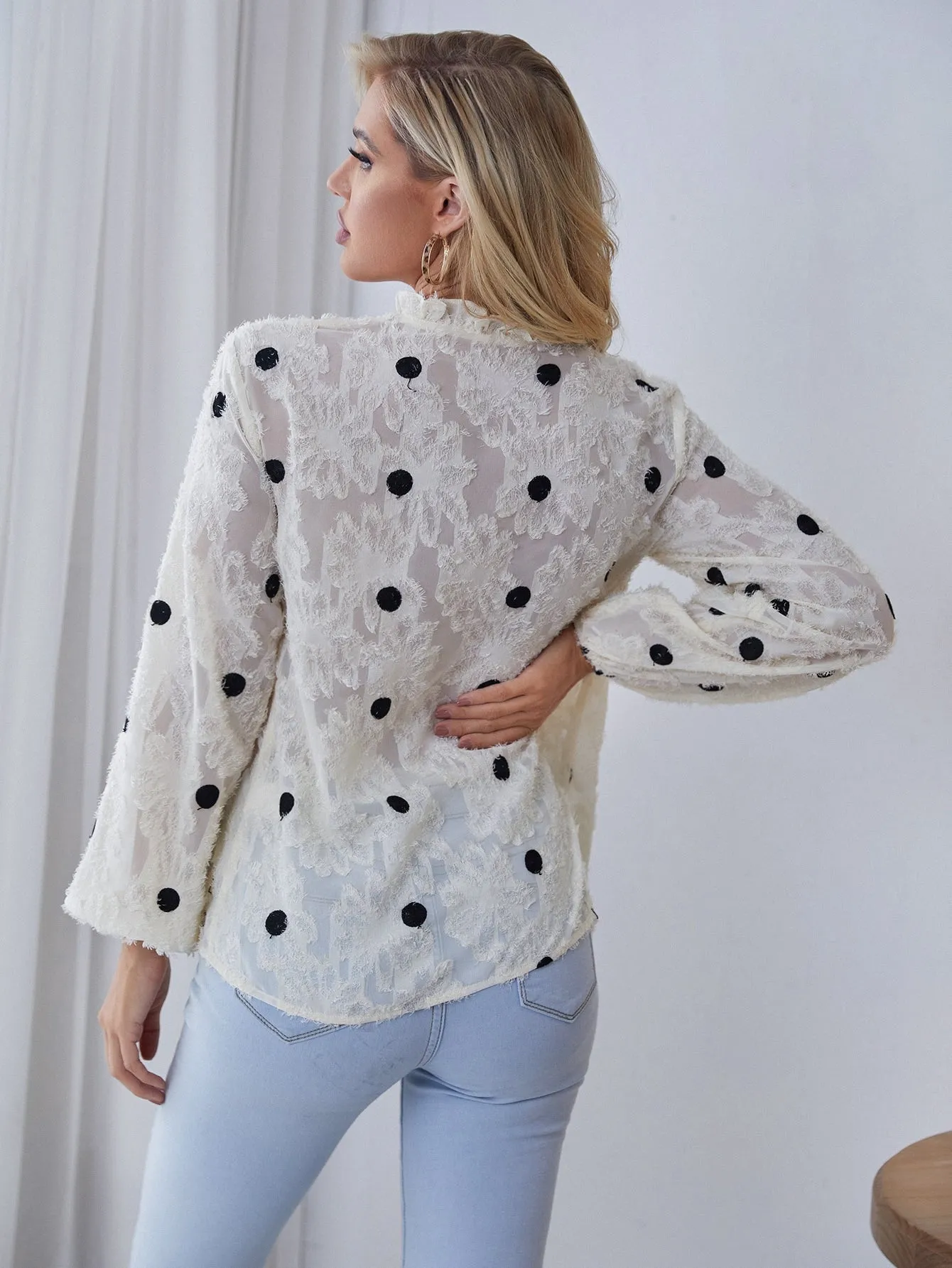 Boho Polka Dot Frill Long Sleeve Tie Neck Regular Blouse