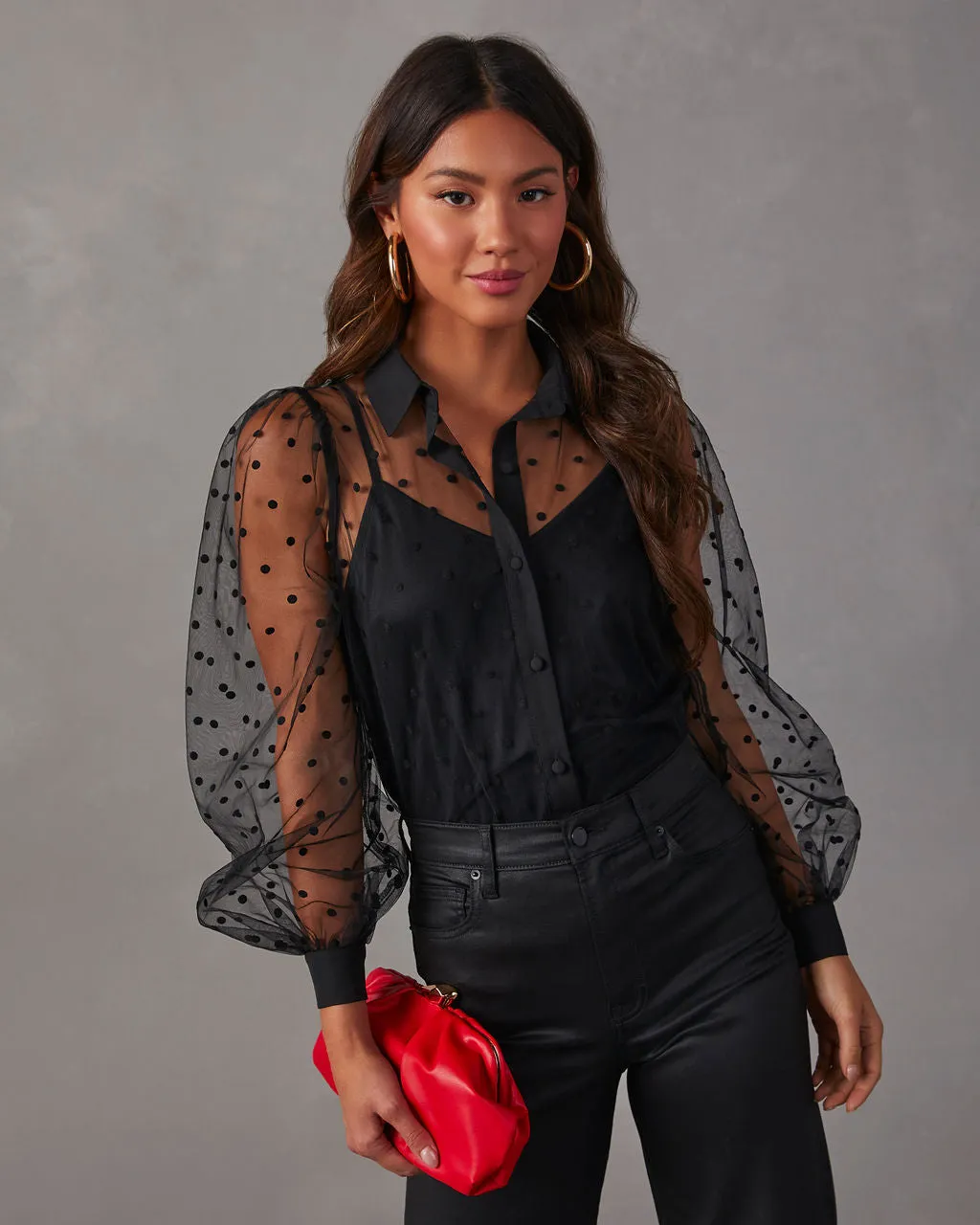 Bonjour Mon Amour Tulle Polka Dot Button Down Top