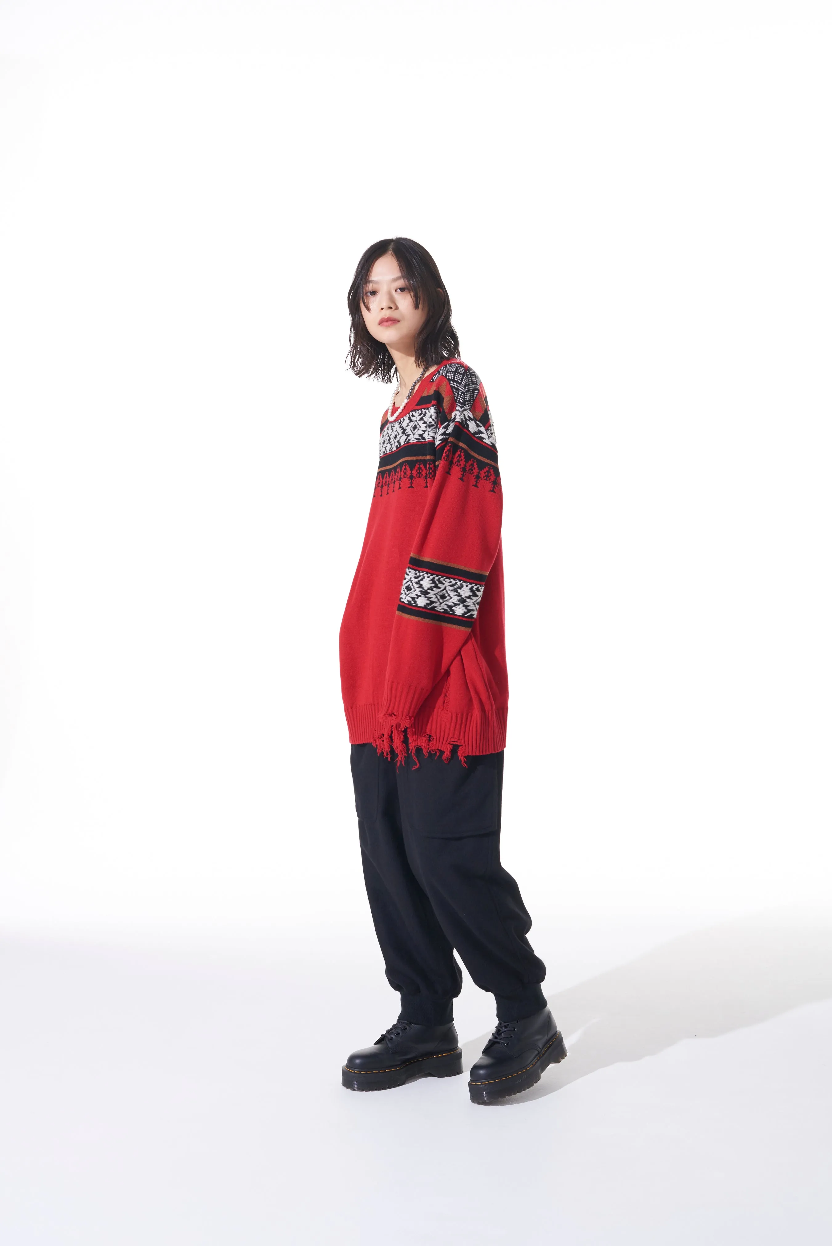 BULKY WOOL NORDIC PATTERN DAMAGED ROUND NECK KNIT