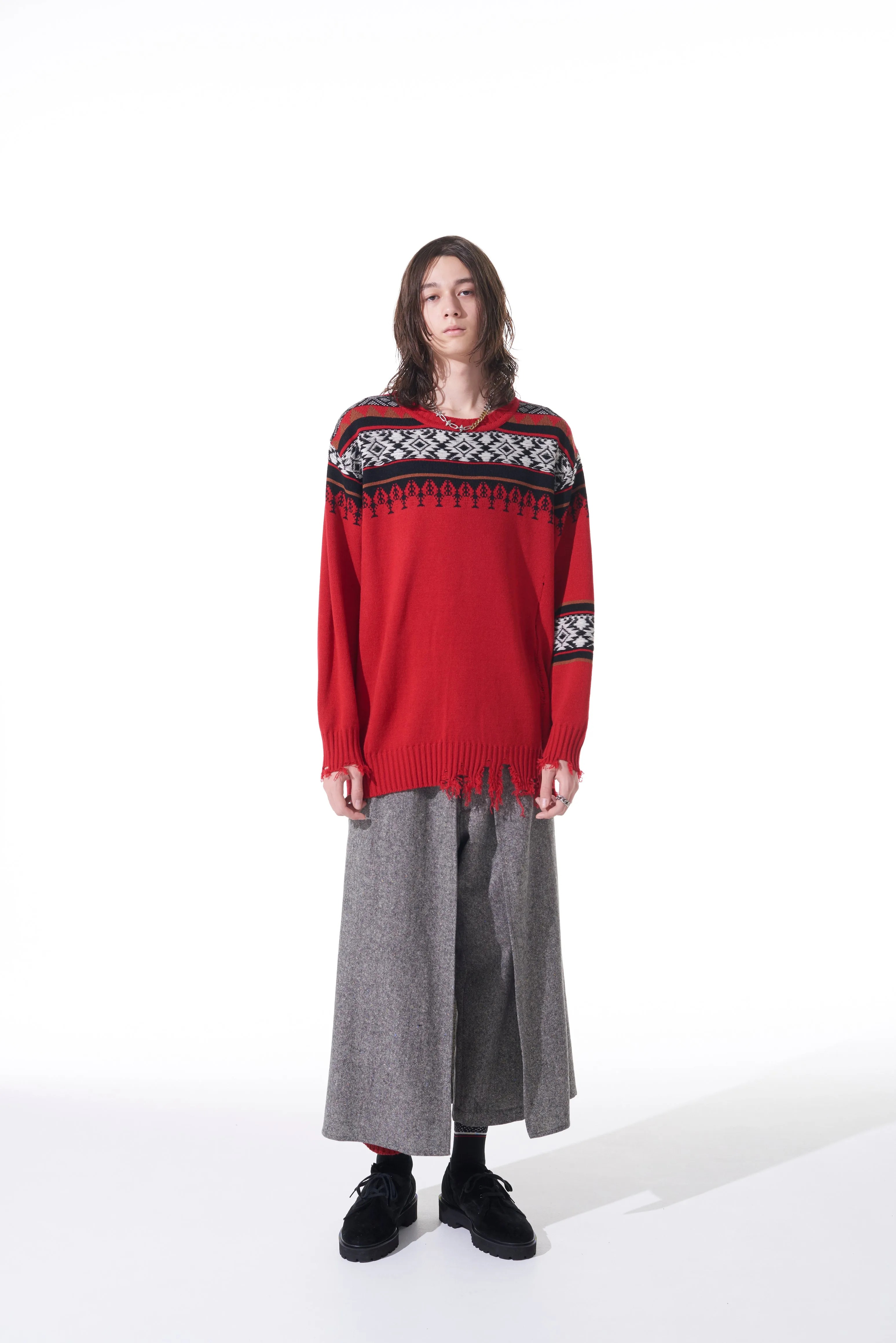 BULKY WOOL NORDIC PATTERN DAMAGED ROUND NECK KNIT