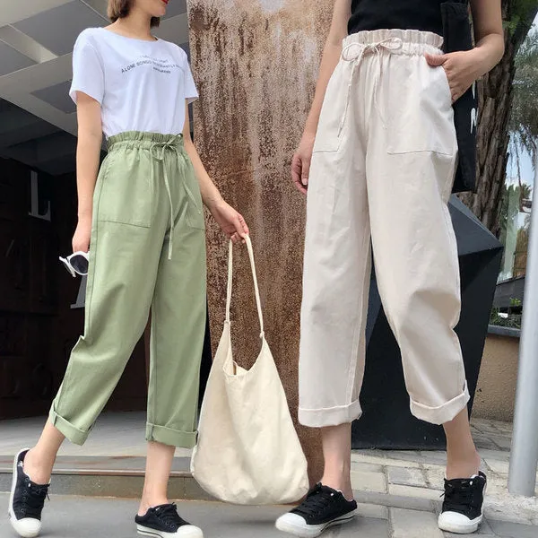 Casual Women Student Korean Lace Loose BF High Waist Wide Leg Long Pants