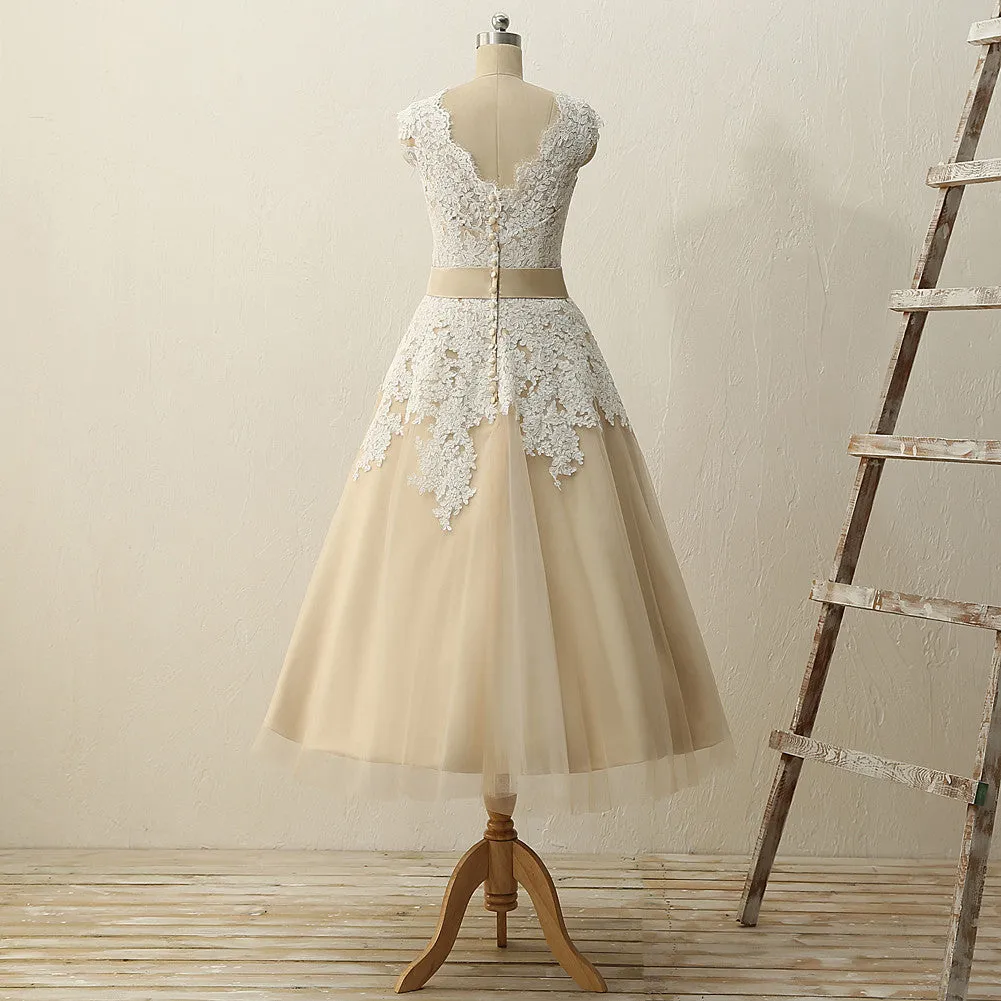 Champagne 50s Style Lace Tea Length Wedding Dress with Cap Sleeves