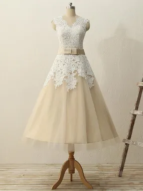 Champagne 50s Style Lace Tea Length Wedding Dress with Cap Sleeves