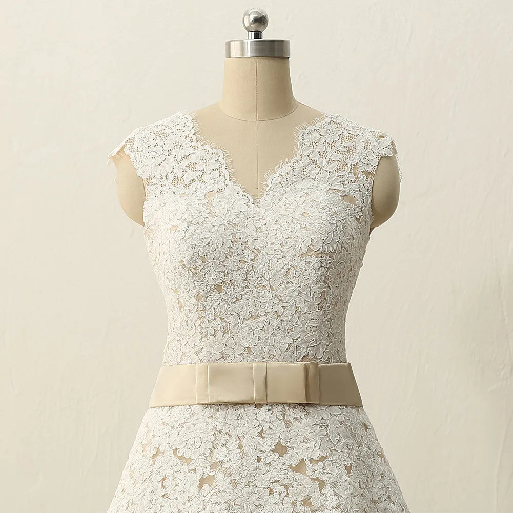 Champagne 50s Style Lace Tea Length Wedding Dress with Cap Sleeves