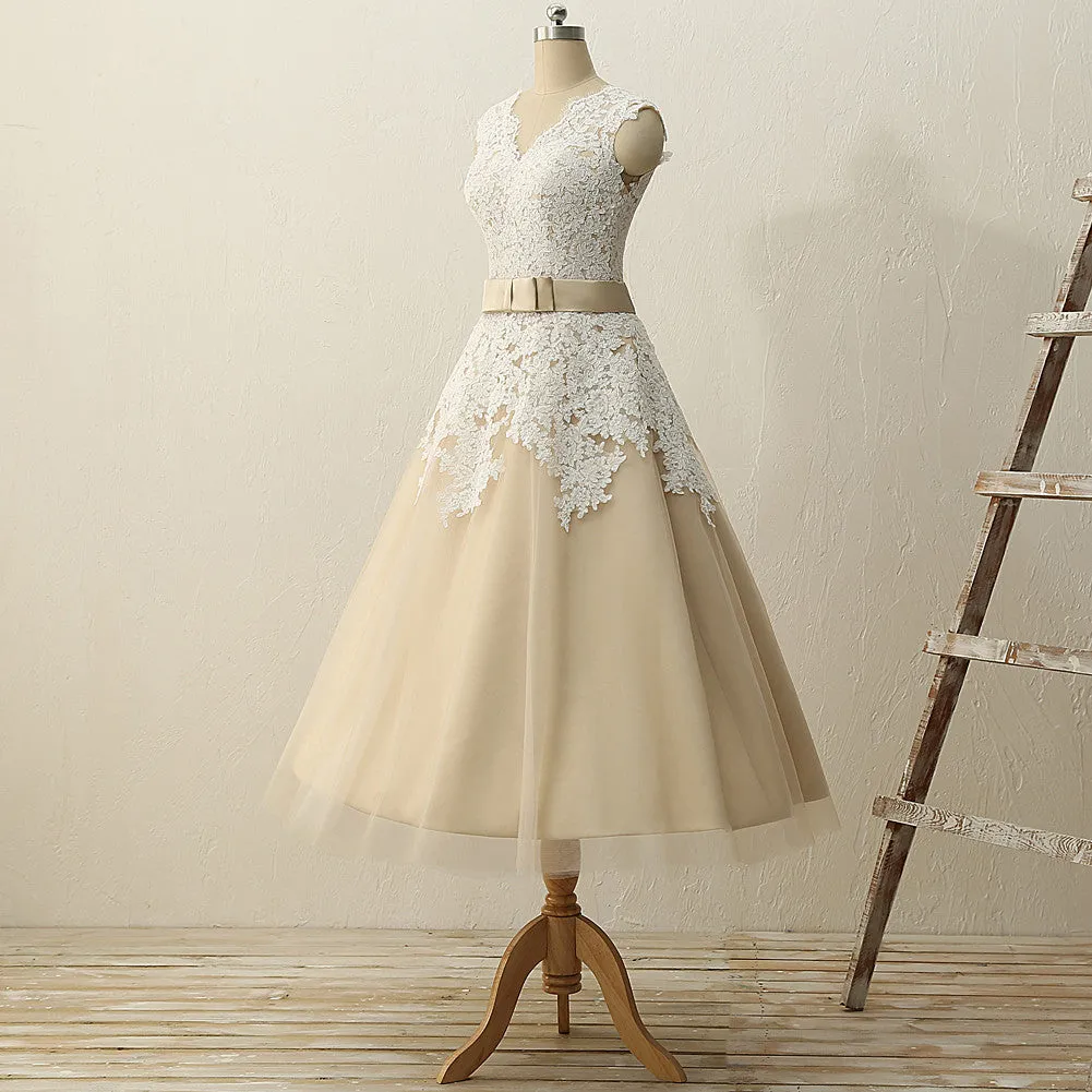 Champagne 50s Style Lace Tea Length Wedding Dress with Cap Sleeves