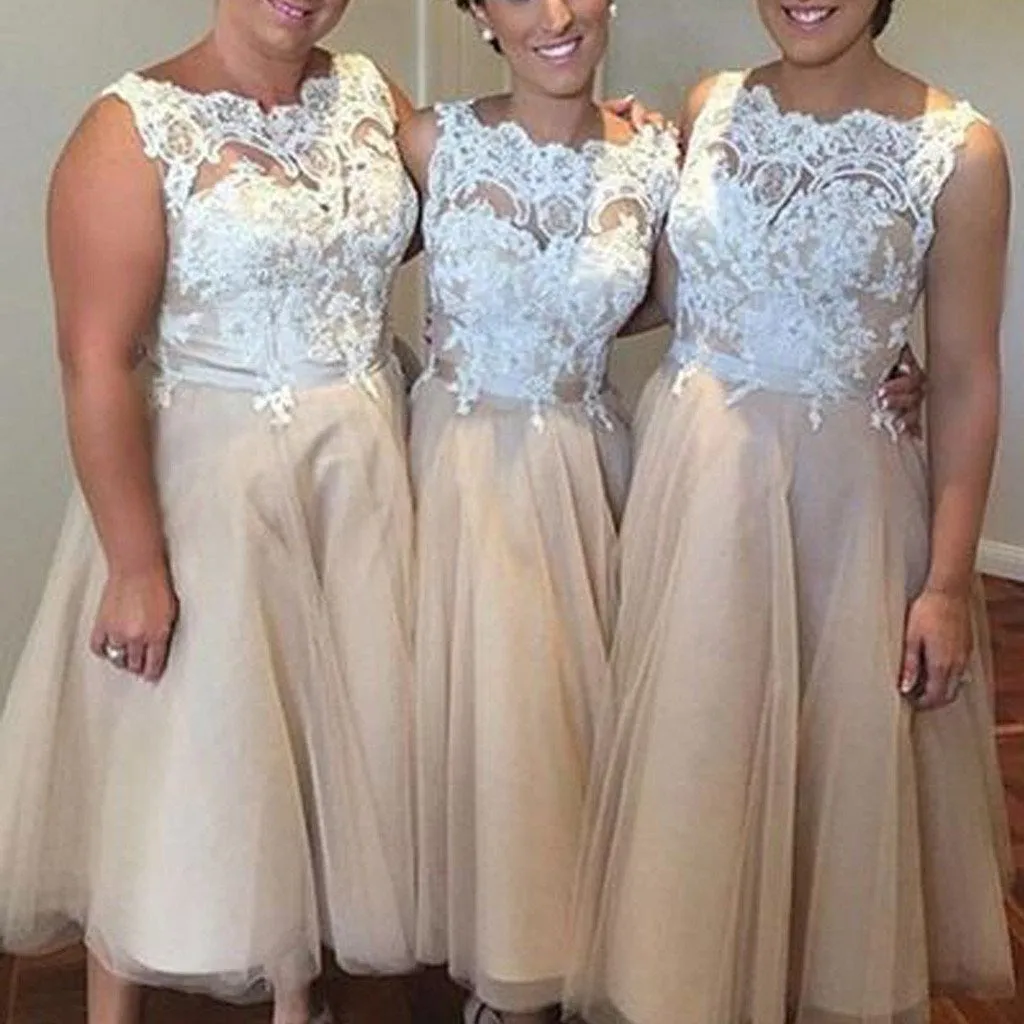 Champagne Lace Top Vintage Tea Length Bridesmaid Dresses