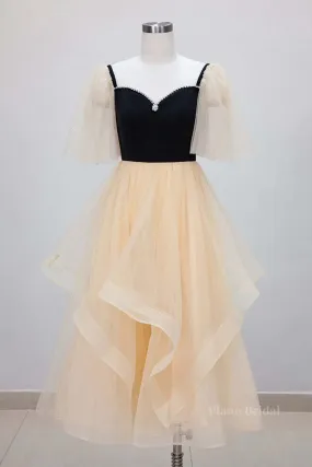 Champagne V Neck Tea Length Prom Dresses, Tea-Length Formal Graduation Dresses