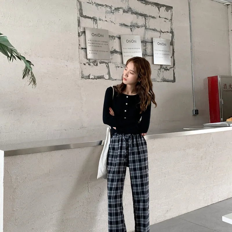 Chequered Straight Loose Wide Leg Pants Women Korean Floor Length Drape High Waist Hong Kong Casual Long Pants